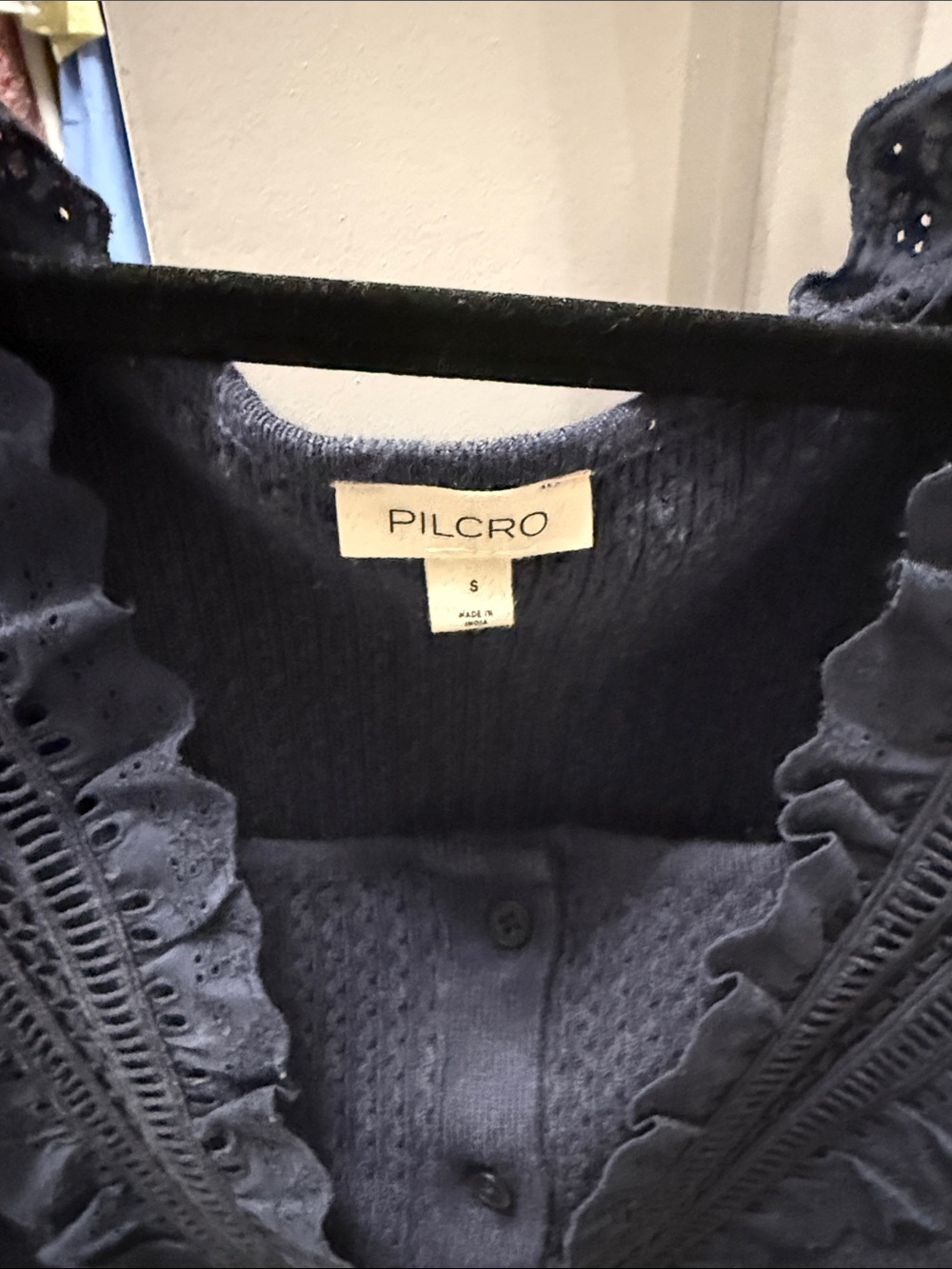 Anthropologie | Pilcro Navy Ruffled Knit Button top - Picture 4 of 6